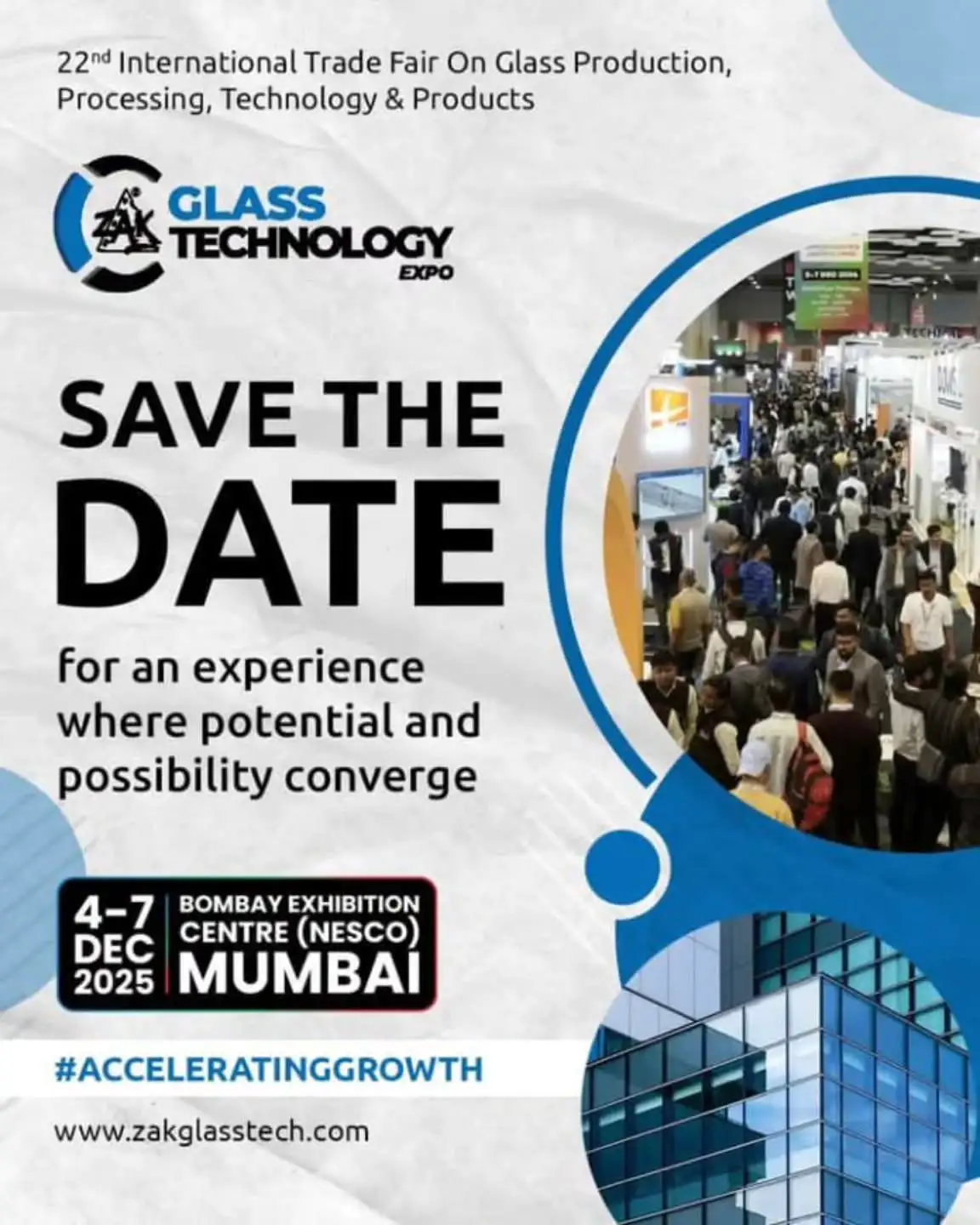 پوستر نمایشگاه بین‌المللی شیشه زک بمبئی Glass Technology Expo Mumbai